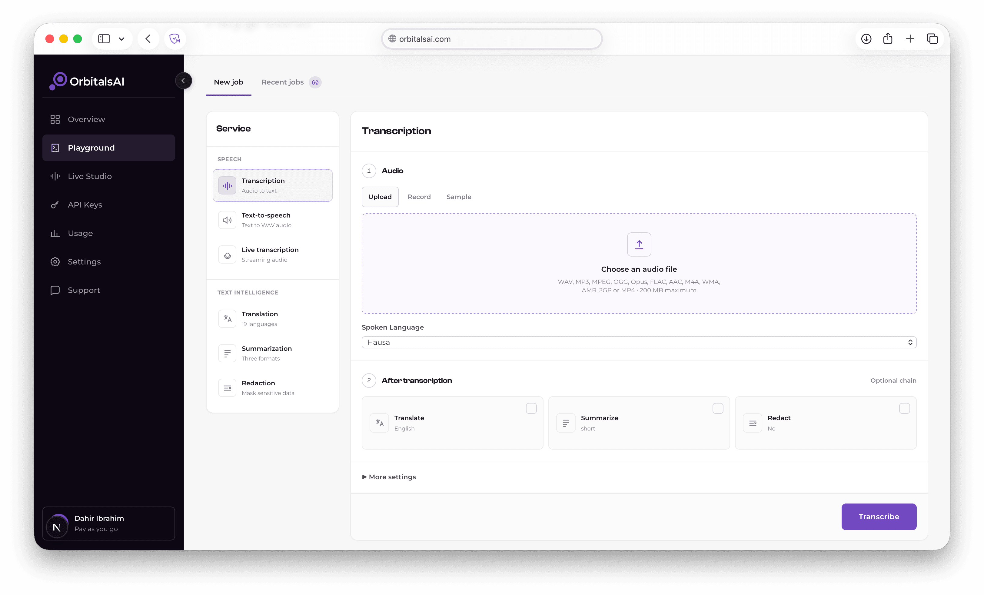 OrbitalsAI developer console showing the platform dashboard